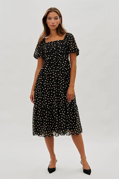 Beechers Brook Dotted Pleated Square Neck Midi Dress - Black