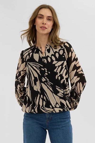 Costa Blanca Patterned Sheer Sleeve Blouse