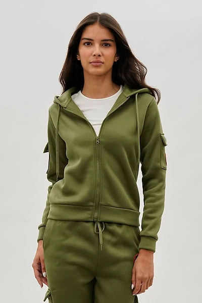 Fahrenheit Utility Pocket Zip Up Hoodie - Olive