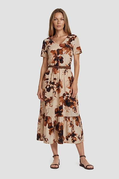 Short Sleeve Flower Print Midi Dress With Belt - Multi