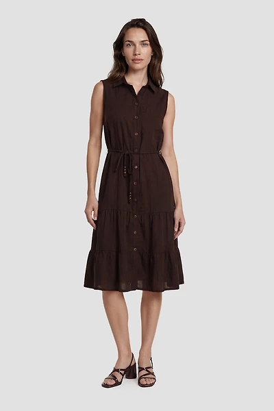 Sleeveless Button Down Day Dress - Brown