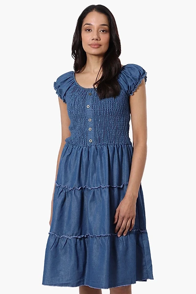 Impress Cap Sleeve Smocked Denim Day Dress
