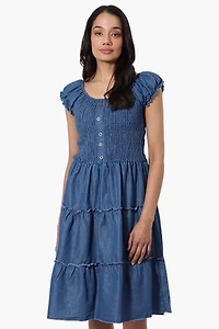 Impress Cap Sleeve Smocked Denim Day Dress