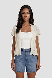 Short Sleeve Open Cardigan - Beige