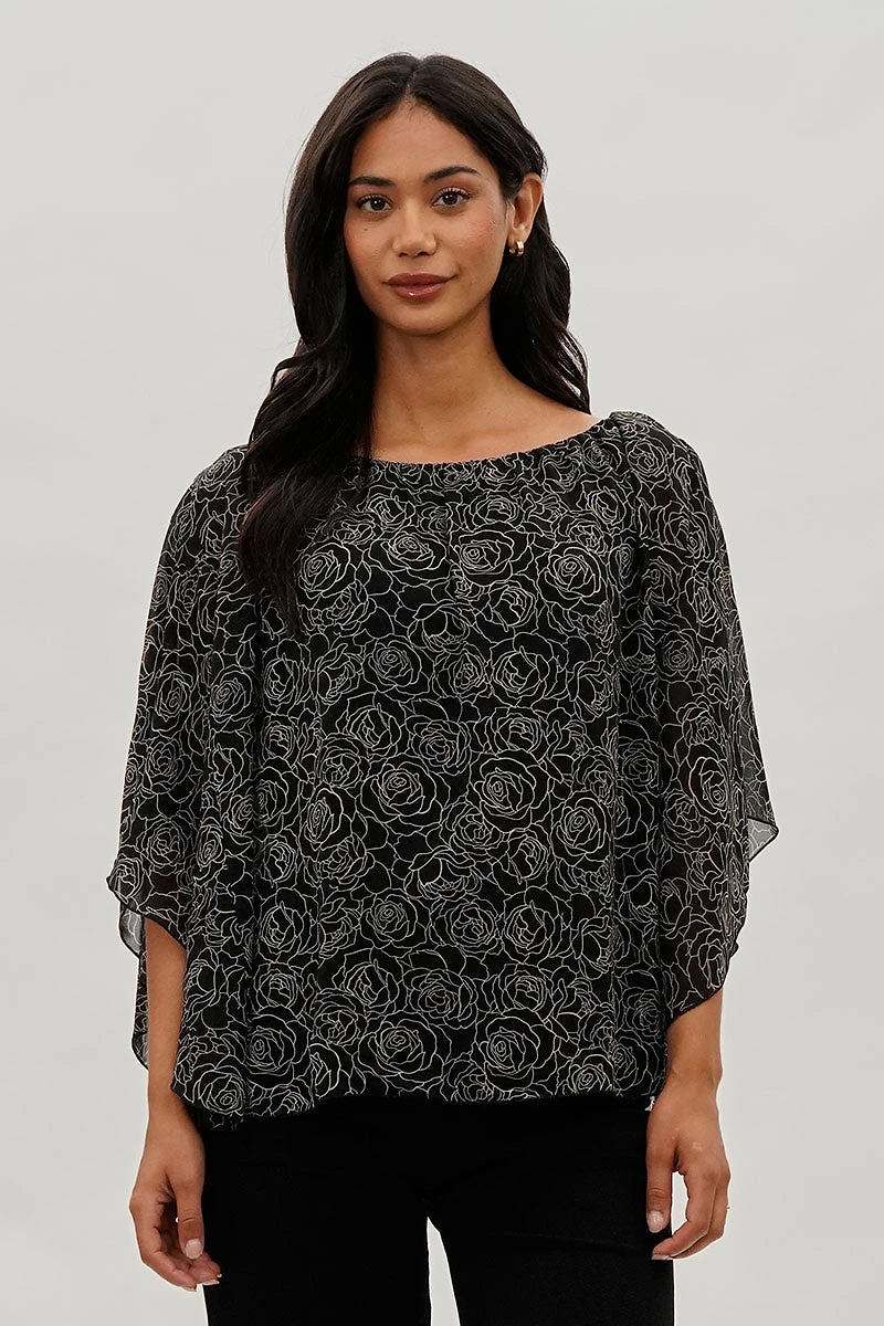 Costa Blanca Floral Chiffon Cape Blouse