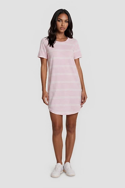 Short Sleeve Striped Day Dress - Pink