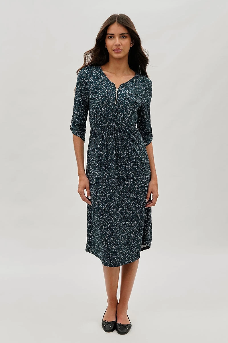 International INC Company Floral Front Zip Midi Dress - Teal