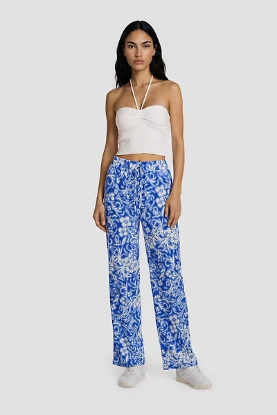 Flower Print Pants With Drawstring