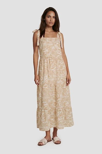 Tie-Up Straps Square Neck Day Dress - Beige