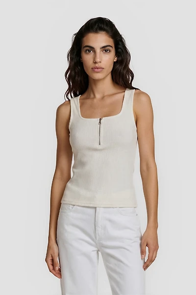 Half Zip Square Neck Tank Top - White