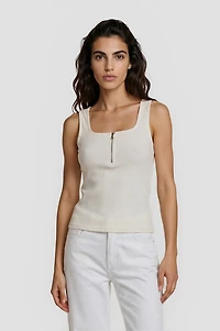 Half Zip Square Neck Tank Top - White
