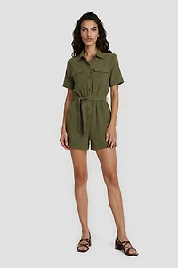 Short Sleeve Button Down Romper - Olive