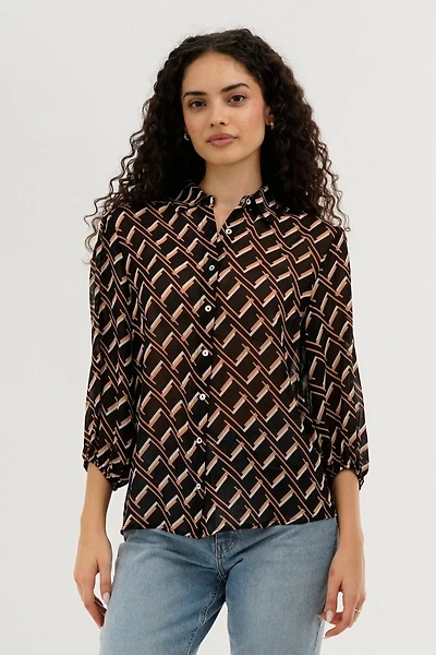 Costa Blanca Patterned Sheer Button Down Blouse