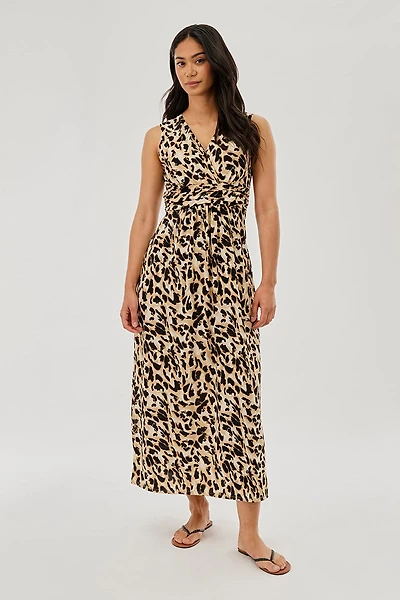 Beechers Brook Leopard Print V-Neck Maxi Dress - Beige