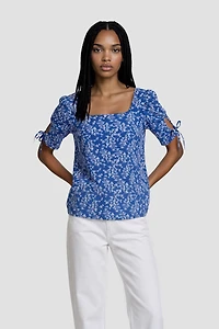 Tie Sleeve Square Neck Top - Blue