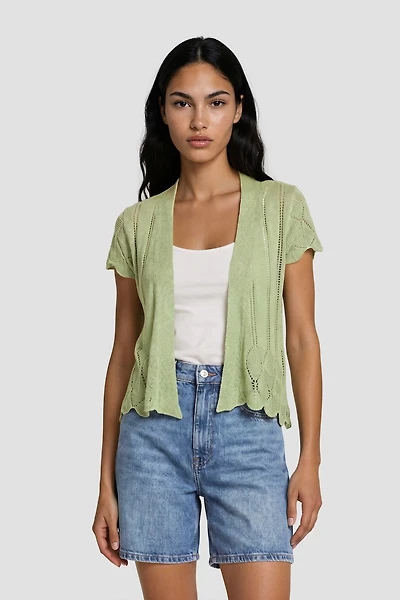 Short Sleeve Open Cardigan - Green