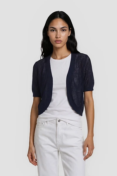 Open Knit Short Sleeve Shrug - Navy