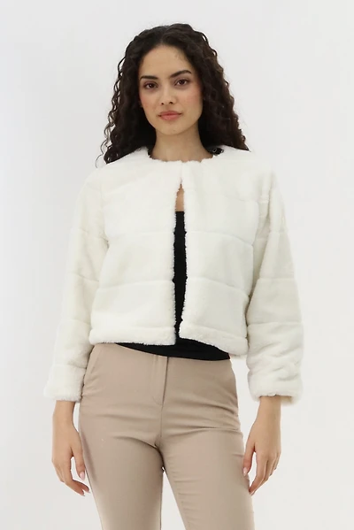 Cropped Faux Fur Lightweight Jacket - White