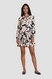 Long Sleeve V-Neck Day Dress - Beige