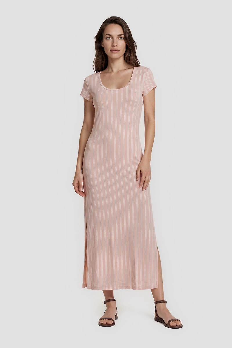 Short Sleeve Striped Maxi Dress - Pink
