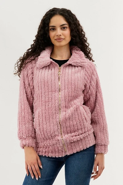 Fahrenheit Plush Zip Up Teddy Lightweight Jacket - Pink