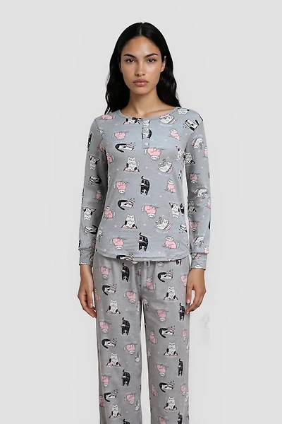 Cat Print Long Sleeve Henley Pajama Top - Grey