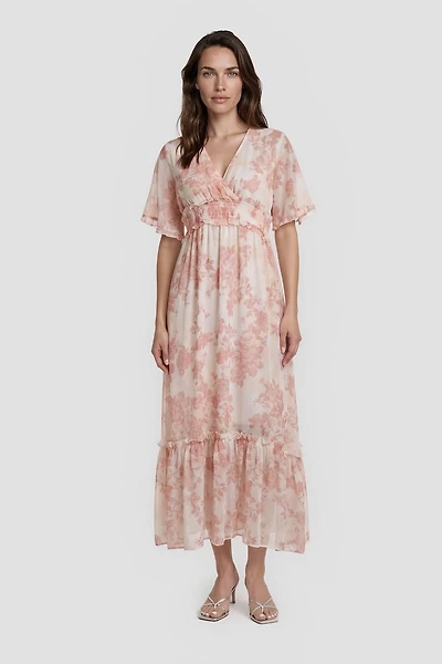 V-Neck Bell Sleeve Maxi Dress - Pink