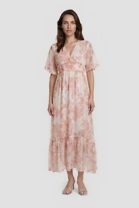 V-Neck Bell Sleeve Maxi Dress - Pink