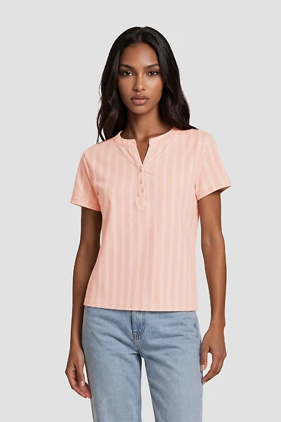 Short Sleeve Half Button Up Shirt - Pink
