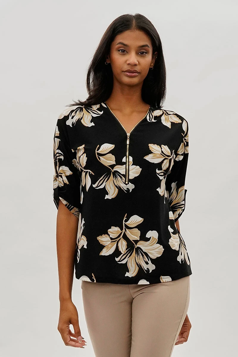 Beechers Brook Leaf Print Half Zip Blouse - Black