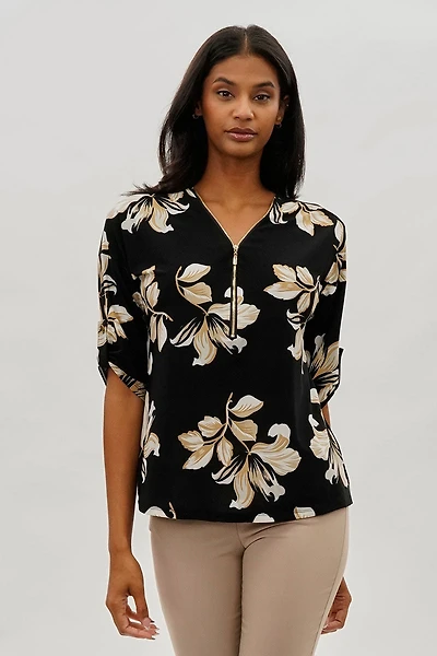 Beechers Brook Leaf Print Half Zip Blouse - Black