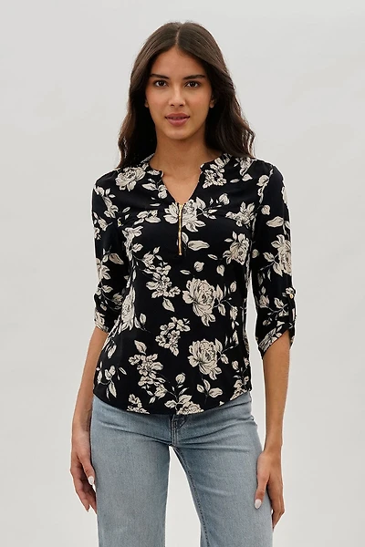 International INC Company Floral 1/4 Zip Blouse - Black
