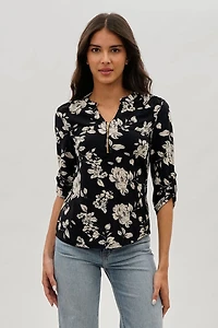 International INC Company Floral 1/4 Zip Blouse - Black