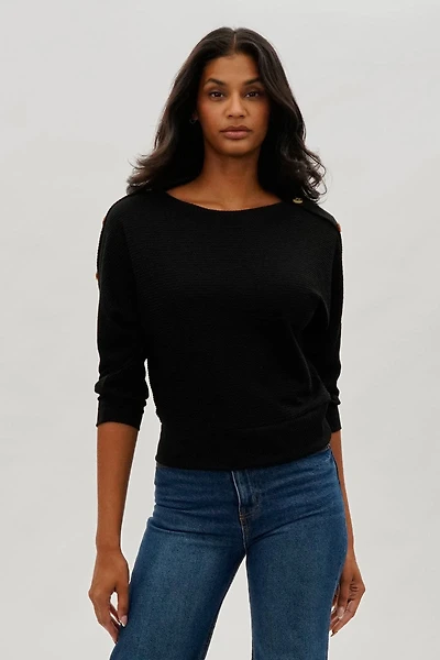 International INC Company Ribbed Shoulder Button Pullover Sweater - Black