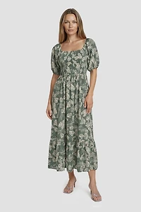 Square Neck Puff Sleeve Midi Dress - Green