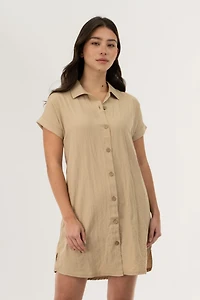 Button Up Short Sleeve Day Dress - Camel