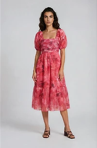 Printed Puff Sleeve Dress - Pink