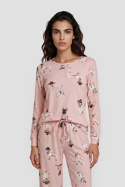 Dog Print Henley Pajama Top - Blush