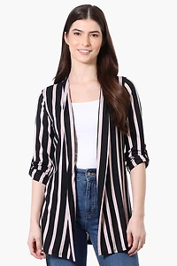 Majora Striped Roll Up Sleeve Wrap Cardigan - Black