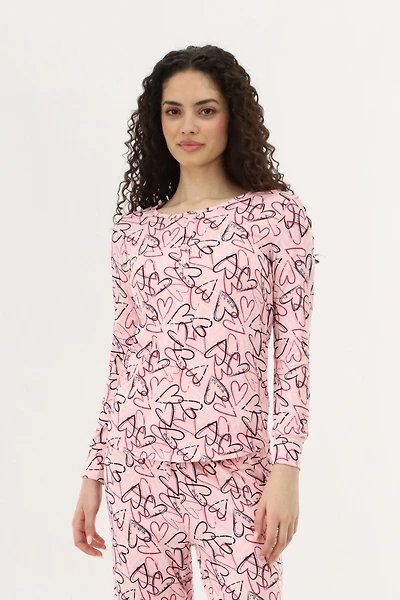 Canada Weather Gear Long Sleeve Heart Print Pajama Top - Magenta