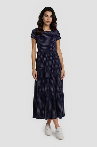 Printed Tiered Maxi Dress - Navy