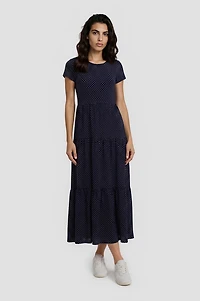 Printed Tiered Maxi Dress - Navy