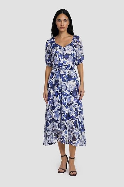 Half Sleeve Flower Print Midi Dress