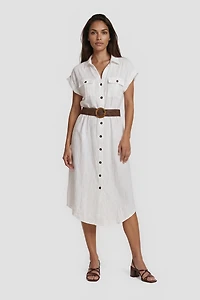 Short Sleeve Button-Up Day Dress With Belt - White
