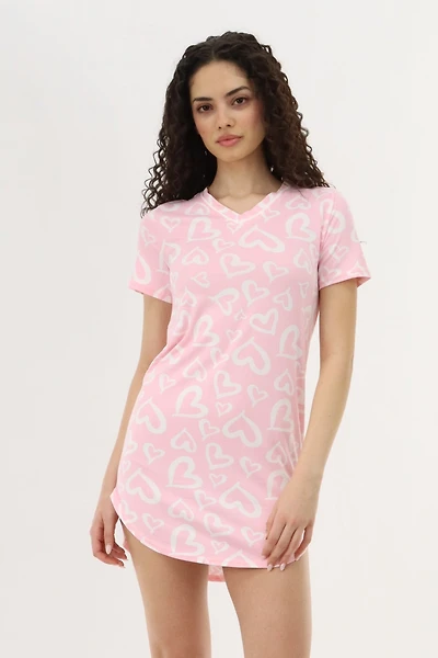 Heart Print Tunic Pajama Top - Pink