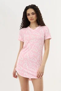 Heart Print Tunic Pajama Top - Pink