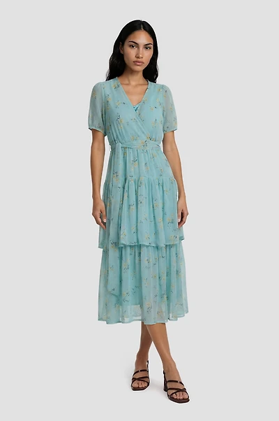 Tiered Chiffon Wrap Dress - Teal