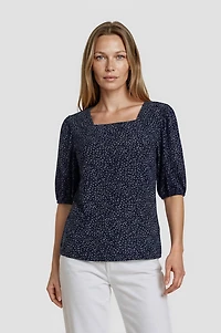 Printed Square Neck Top - Navy