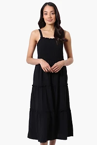 Urbanology Smocked Tiered Maxi Dress - Black
