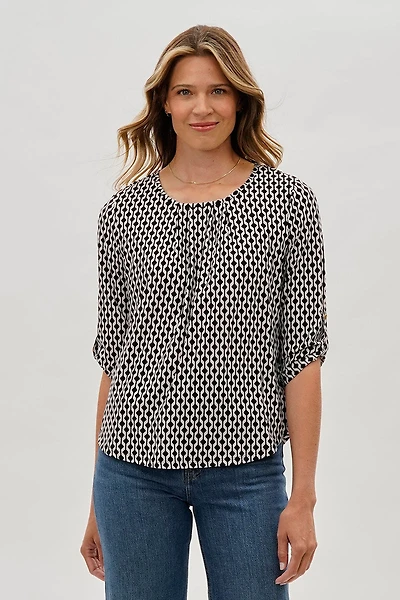 Beechers Brook Patterned Roll Up Sleeve Blouse - White